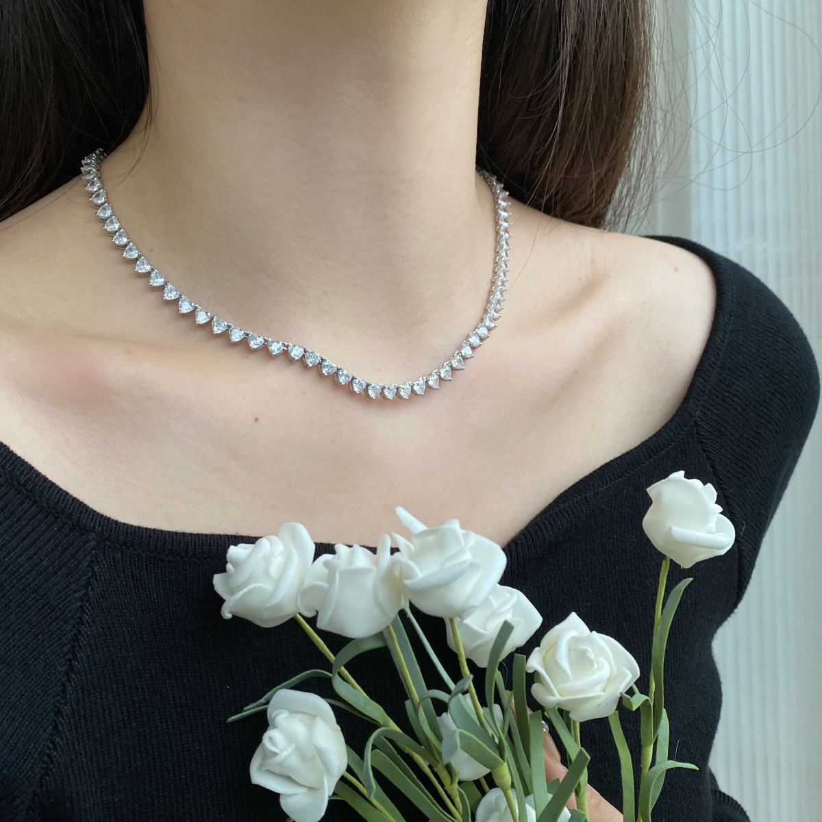 Angela Jewelry]Ornate Heart Cut Tennis Necklace