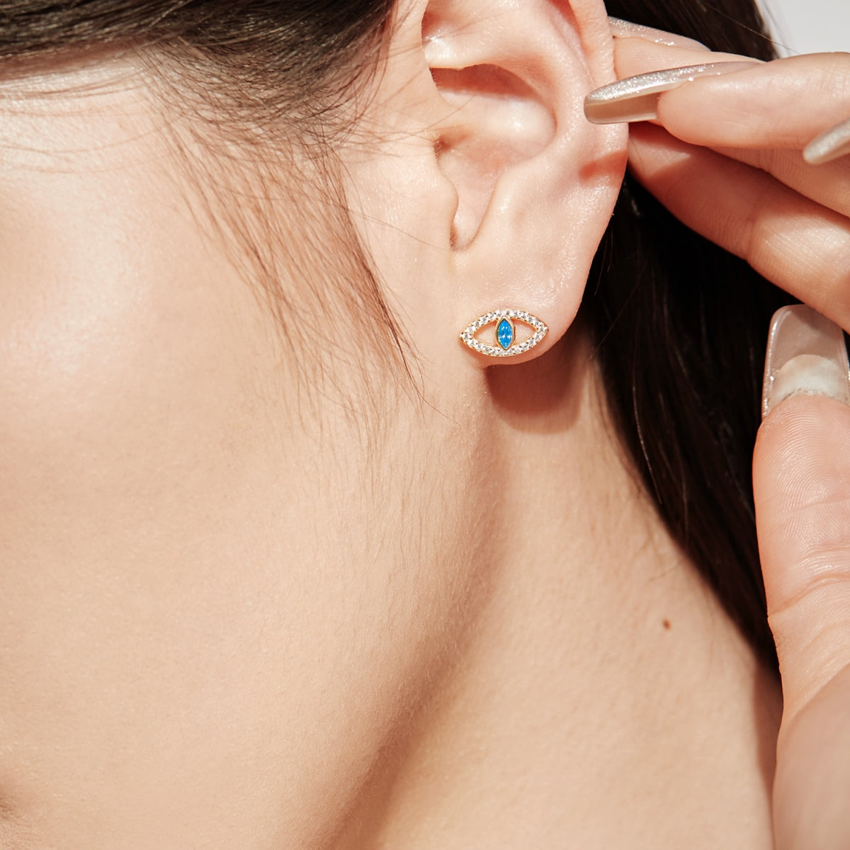 Angela Jewelry]Blue Devil Eyes Hollow Stud Earrings