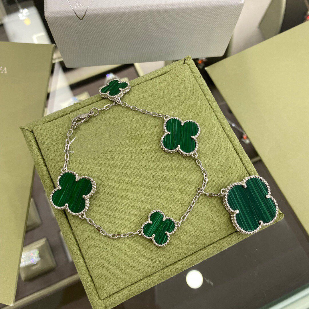 [Angela Jewellery]CLOVER 5 MOTIFS SIVLER MALACHITE BRACELET