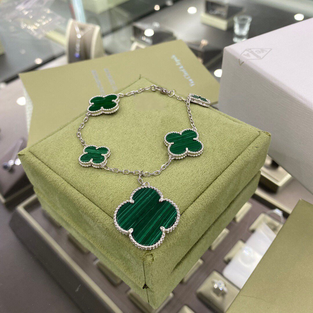 [Angela Jewellery]CLOVER 5 MOTIFS SIVLER MALACHITE BRACELET