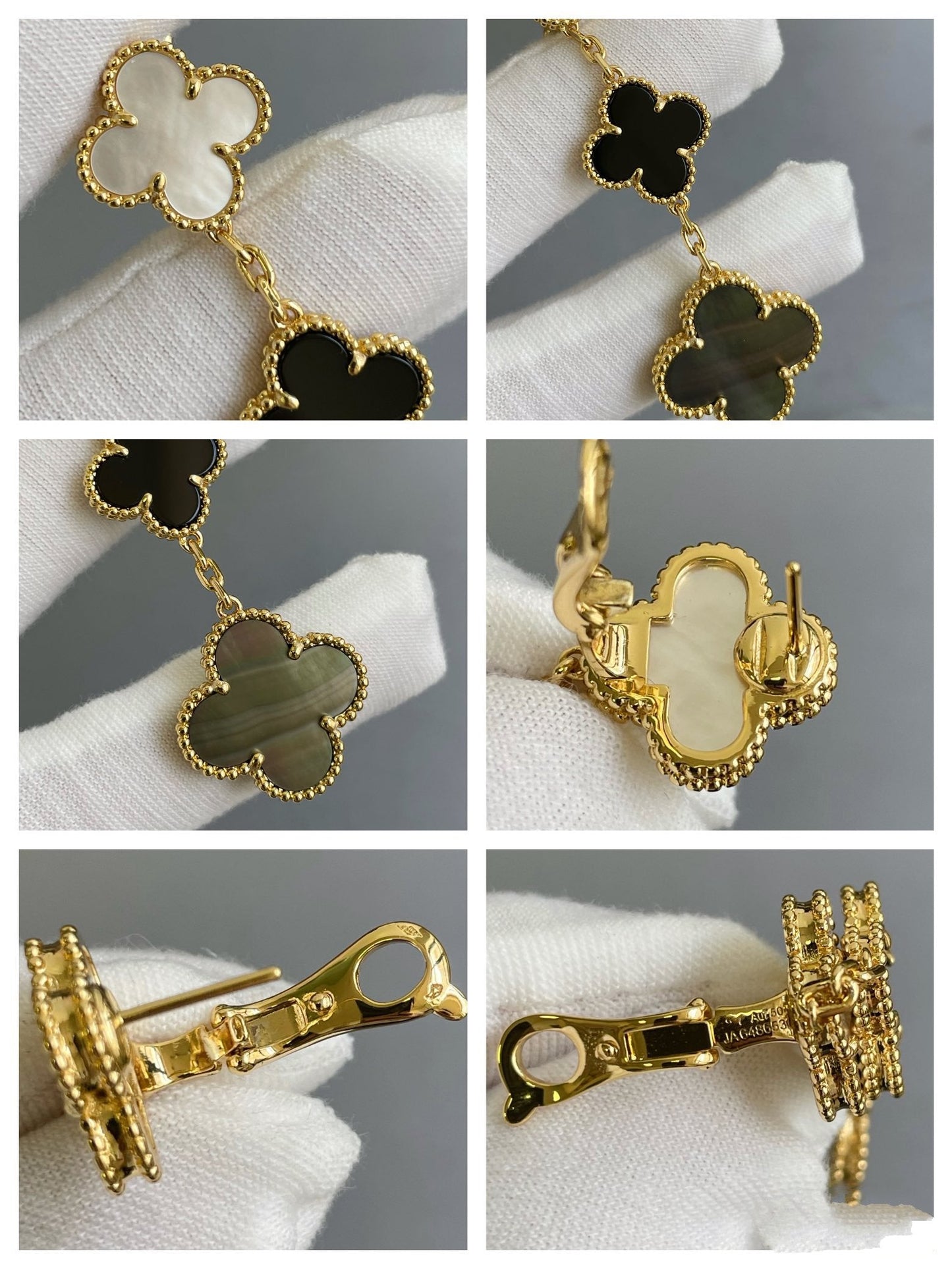 [Angela Jewellery]CLOVER 3 MOTIF MOP ONYX DARK MOP PINK GOLD EARRINGS