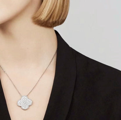 [Angela Jewellery]CLOVER 25MM LARGE PENDANT DIAMOND PAVED SILVER NECKLACE
