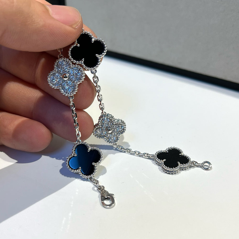 [Angela Jewellery]CLOVER 5 MOTIF ONYXS DIAMOND BRACELET SILVER