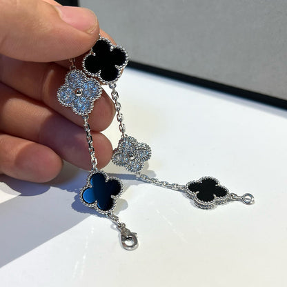 [Angela Jewellery]CLOVER 5 MOTIF ONYXS DIAMOND BRACELET SILVER