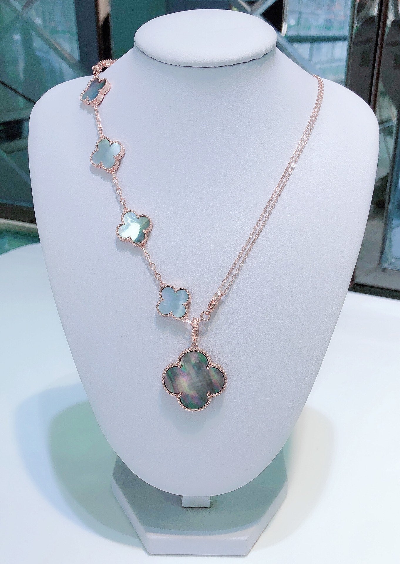 [Angela Jewellery]COMBINED BRACELET 5 MOTIFS AND NECKLACE DARK MOP ROSE GOLD