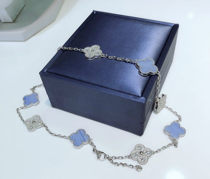 [Angela Jewellery]CLOVER 10 MOTIFS CHALCEDONY DIAMONDS SILVER NECKLACE