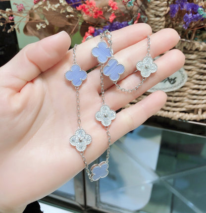 [Angela Jewellery]CLOVER 10 MOTIFS CHALCEDONY DIAMONDS SILVER NECKLACE